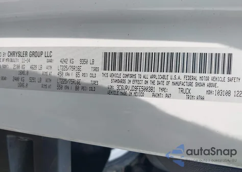 2015 Ram Promaster 3500 High Roof z USA, uszkodzony, nr VIN 3C6URVJD9FE500381